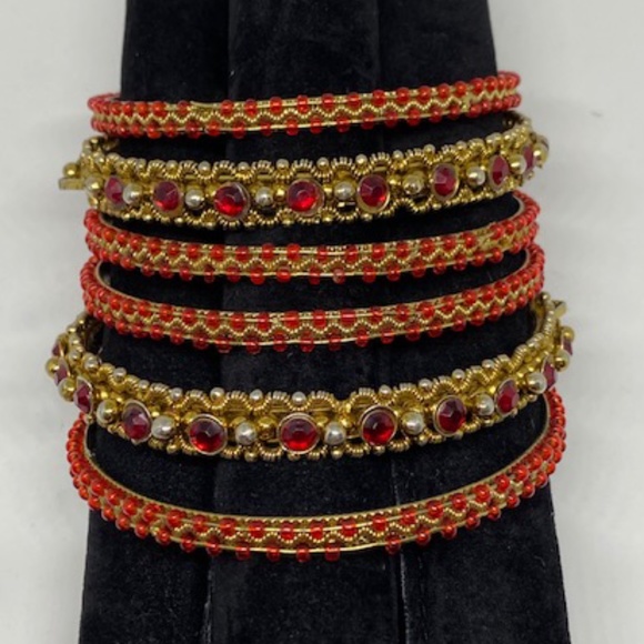 Set of 6 Red Stone and Gold Bangle Bracelets - Picture 1 of 4